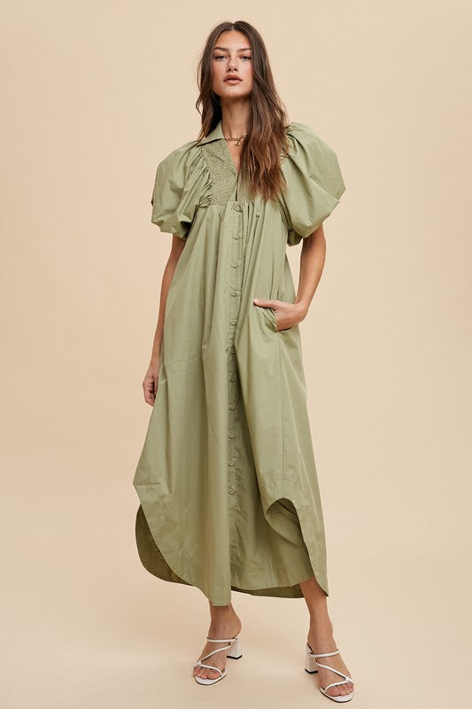 Smocked Puff Sleeve Midi Dress