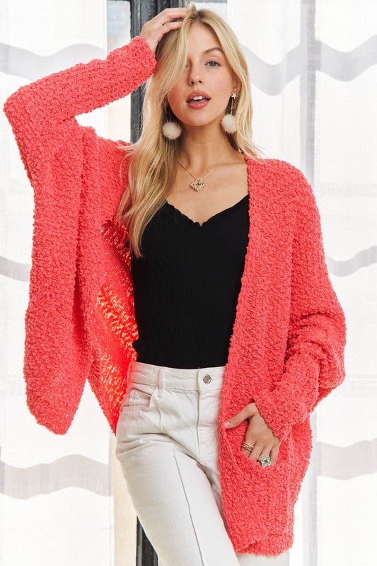 Popcorn Knit Open Front Long Sleeve Cardigan