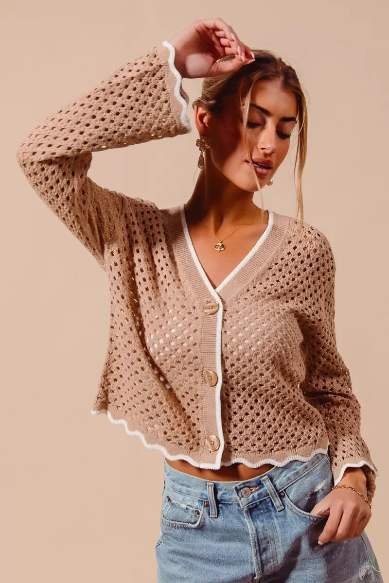Open Knit Light Weight Sweater Cardigan With Contrast Wavy Scallop