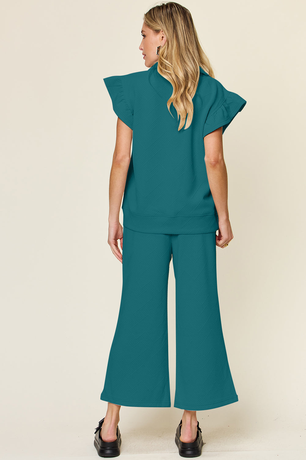 Ruffle Short Sleeve Top and Drawstring Wide Leg Pants Set