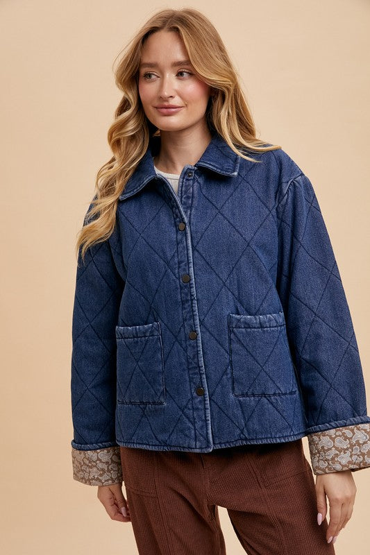 Quilted Printed Lining Snap Down Denim Jacket