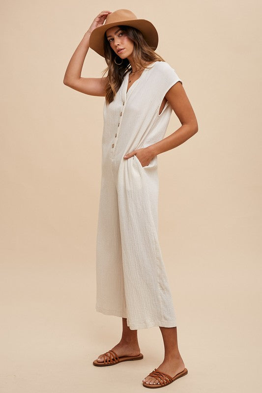 Button Detail Wide Leg Jumpsuit with Pockets