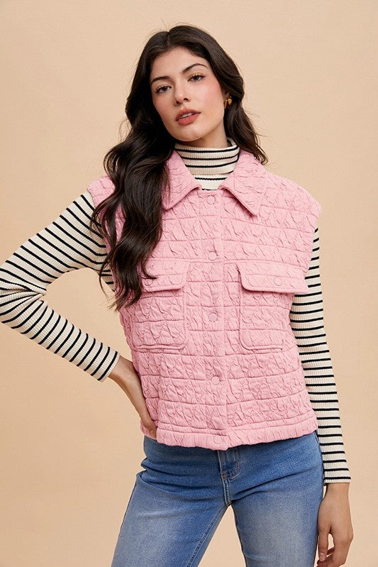 Texture Quilted Snap Down Vest Coat