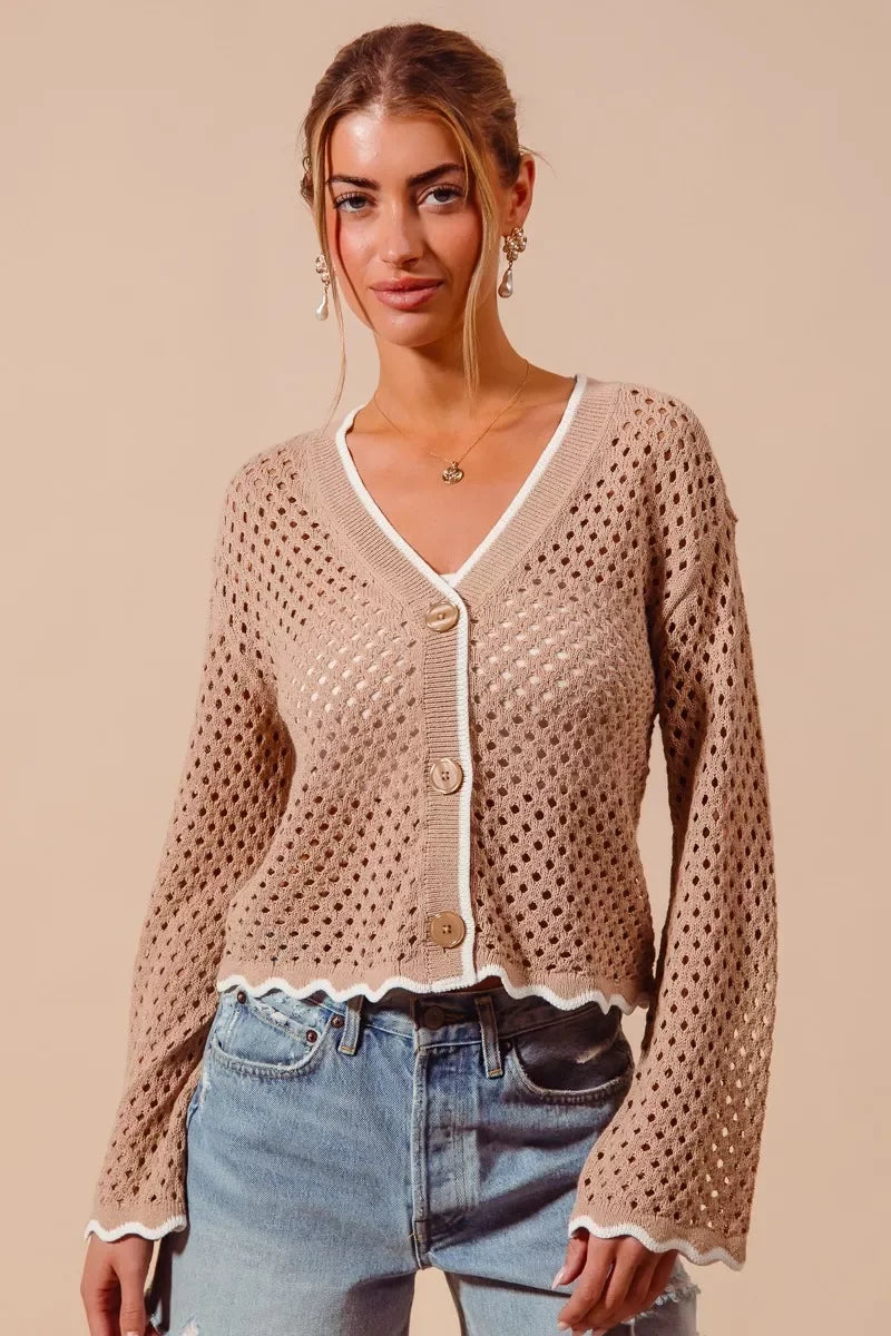 Open Knit Light Weight Sweater Cardigan With Contrast Wavy Scallop