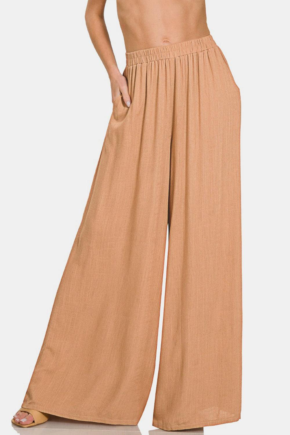 Zenana Pleated Linen Blend Wide Leg Pants - Wildflower Hippies