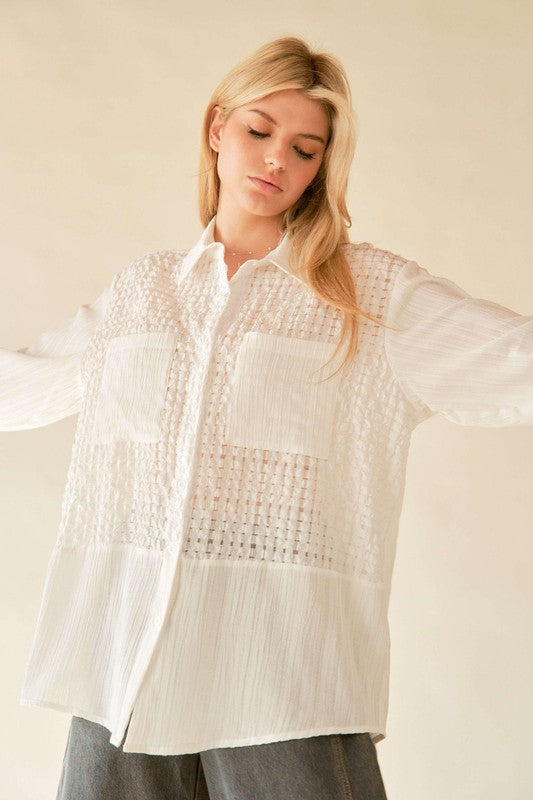 Crinkled Jacquard Button Down Shirt