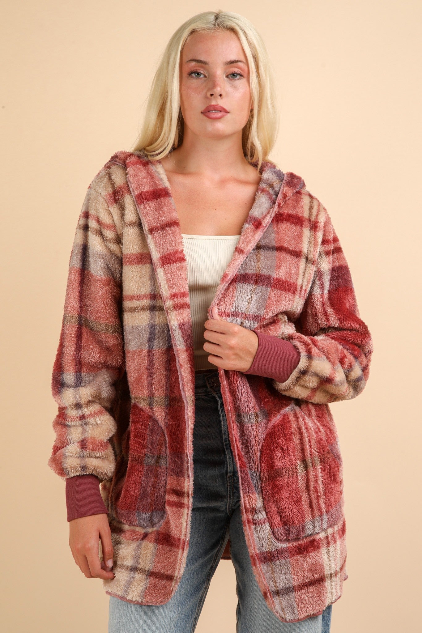 Mauve Fuzzy Plaid Long Sleeve Hooded Jacket