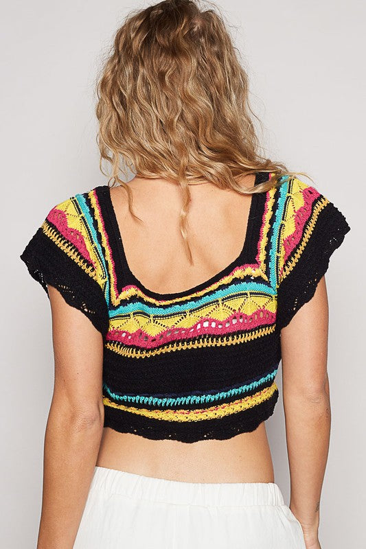 Ethnic Pattern Square Neck Cropped Knit Top