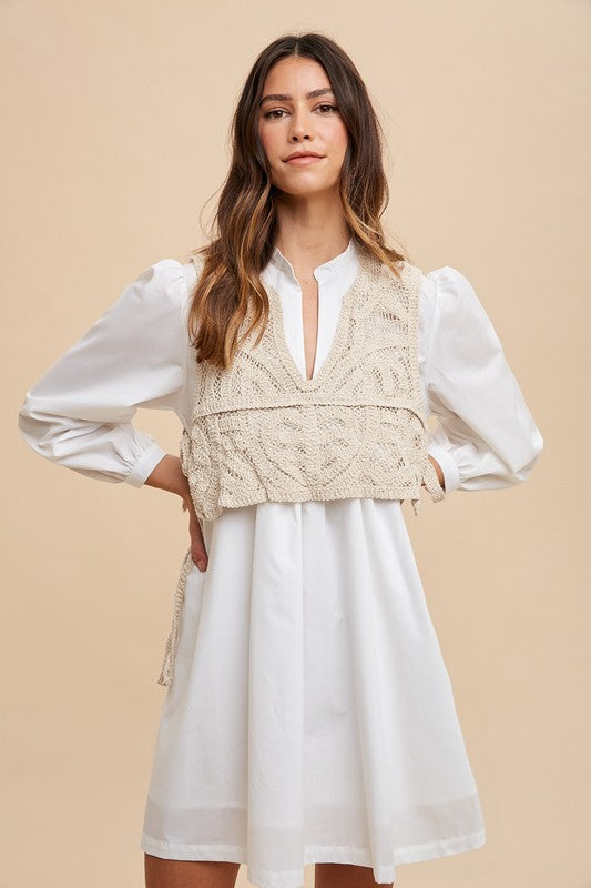 Crochet Vest Notched Long Sleeve Shirt Dress