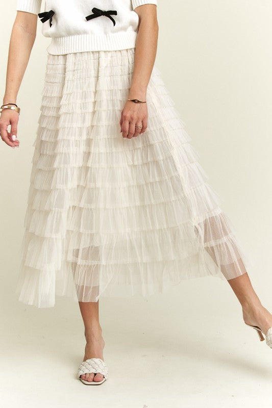 Elastic Waist Layered Mesh Midi Skirt