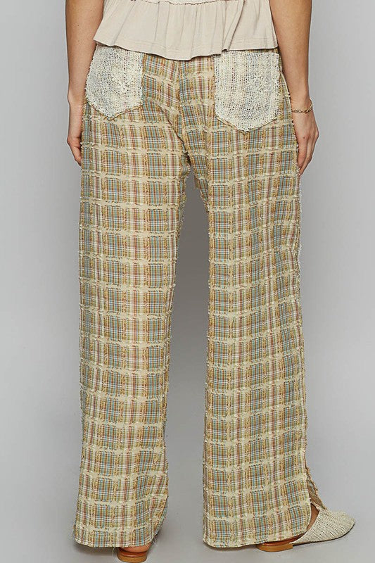 Lace Trim Drawstring Checkered Wide Leg Pants