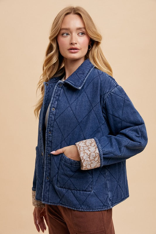 Quilted Printed Lining Snap Down Denim Jacket