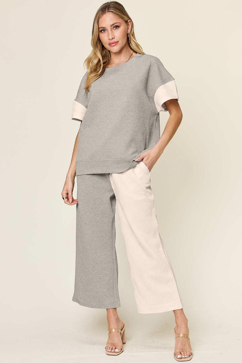 Texture Contrast T-Shirt and Wide Leg Pants Set