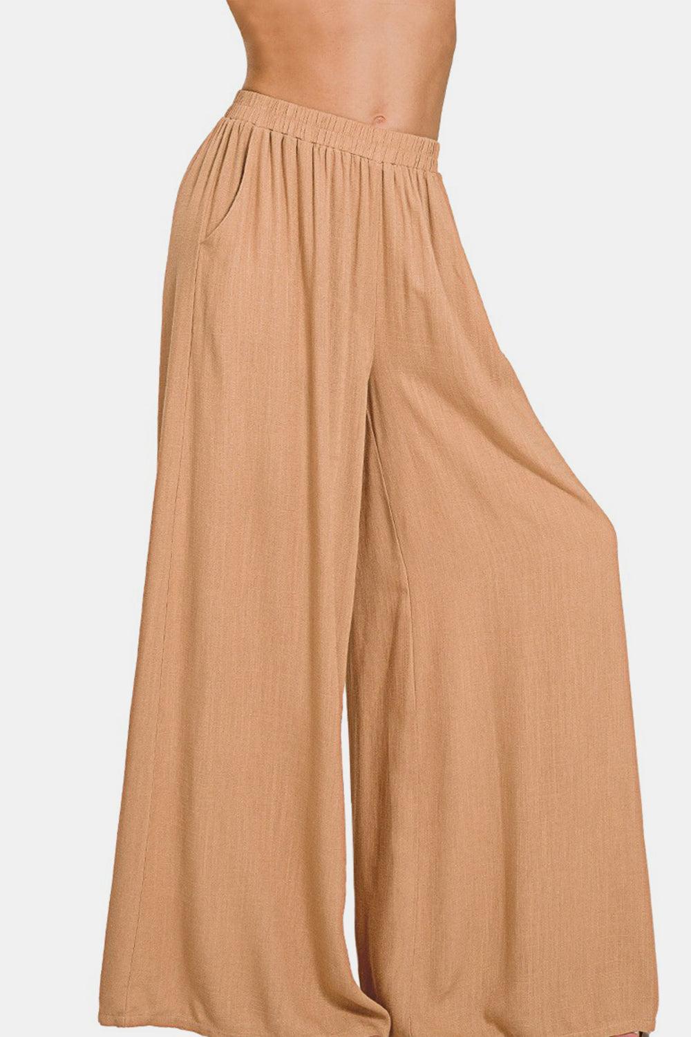 Zenana Pleated Linen Blend Wide Leg Pants - Wildflower Hippies