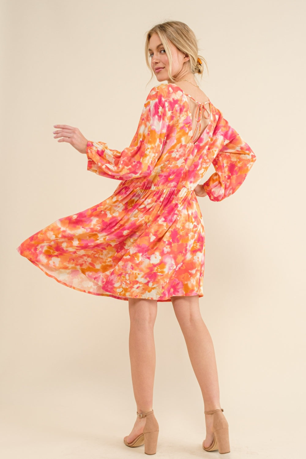 Printed Tie Back Long Sleeve Dress