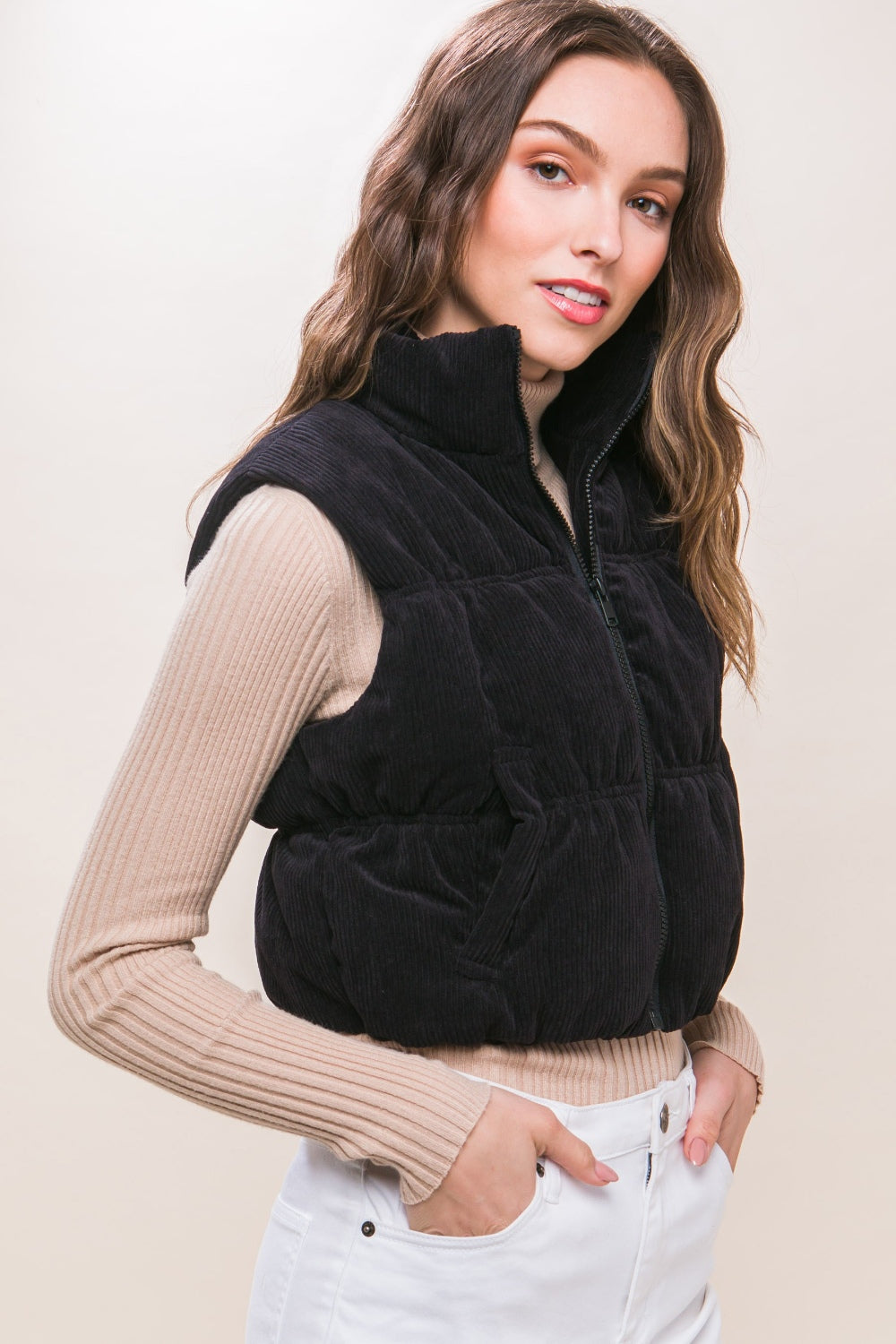 Corduroy Zip Up Puffer Vest with Pockets - Black