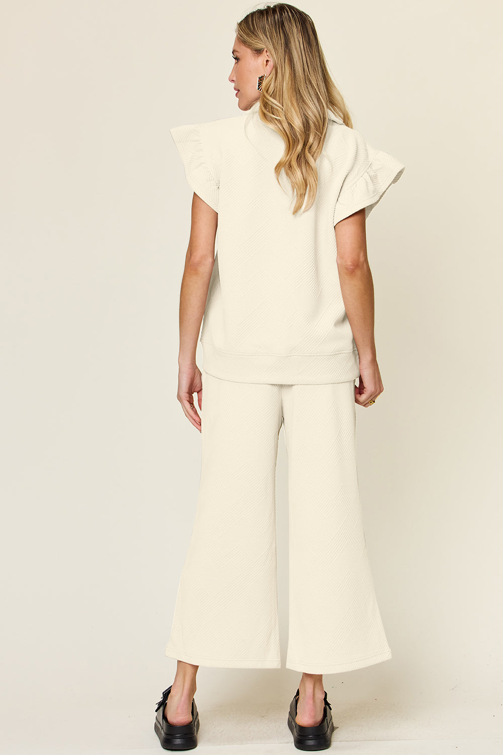 Ruffle Short Sleeve Top and Drawstring Wide Leg Pants Set