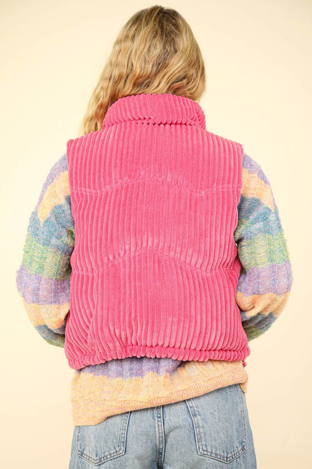 Zip Up Padded Corduroy Puffer Vest - Pink