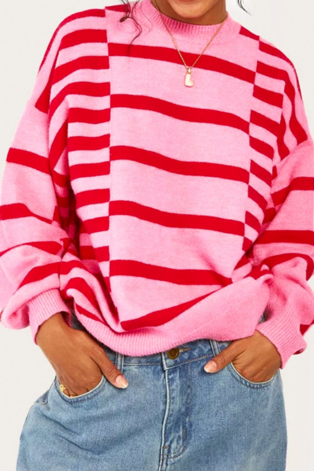 Striped Round Neck Dropped Shoulder Sweater