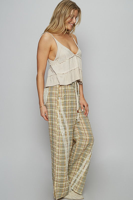 Lace Trim Drawstring Checkered Wide Leg Pants