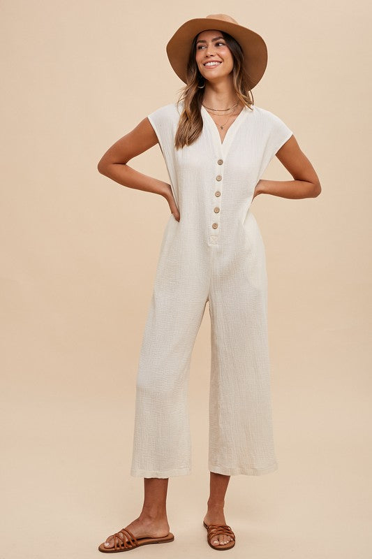 Button Detail Wide Leg Jumpsuit with Pockets