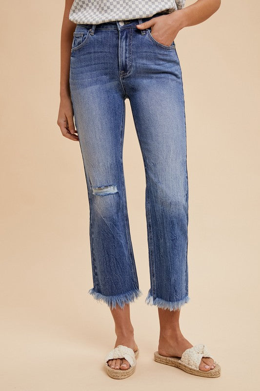 Distressed Raw Hem Straight Leg Cropped Jeans