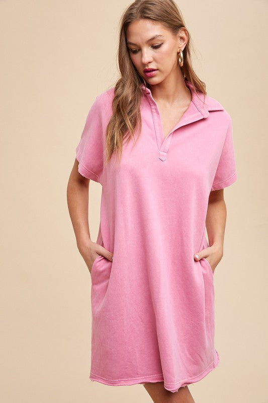 Mineral Washed Johnny Collar Short Sleeve Dress