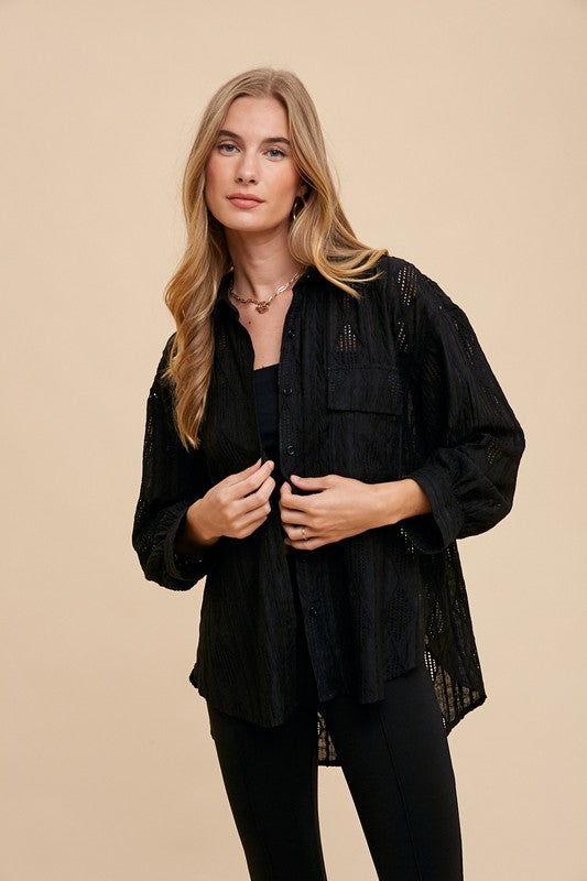 Openwork Button Down Drop Shoulder Shirt