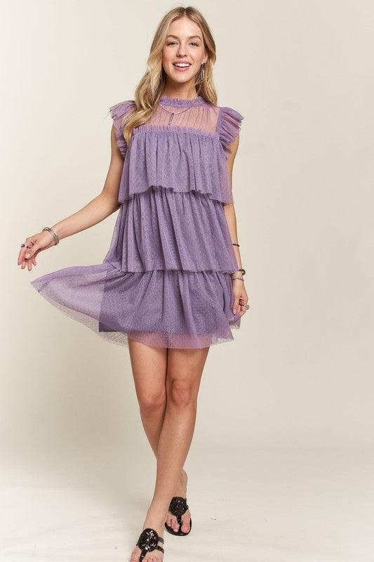 Layered Ruffled Cap Sleeve Mesh Dress