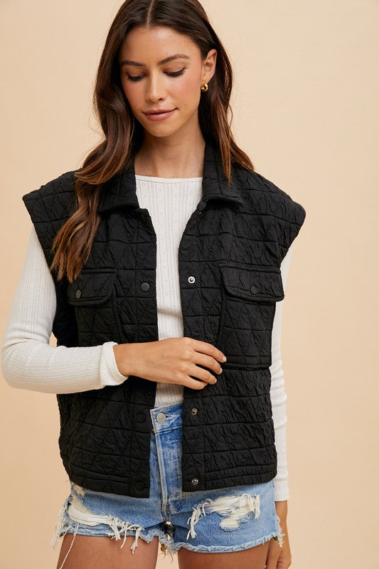 Texture Quilted Snap Down Vest Coat