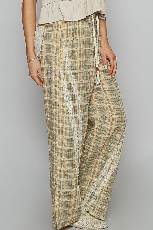 Lace Trim Drawstring Checkered Wide Leg Pants