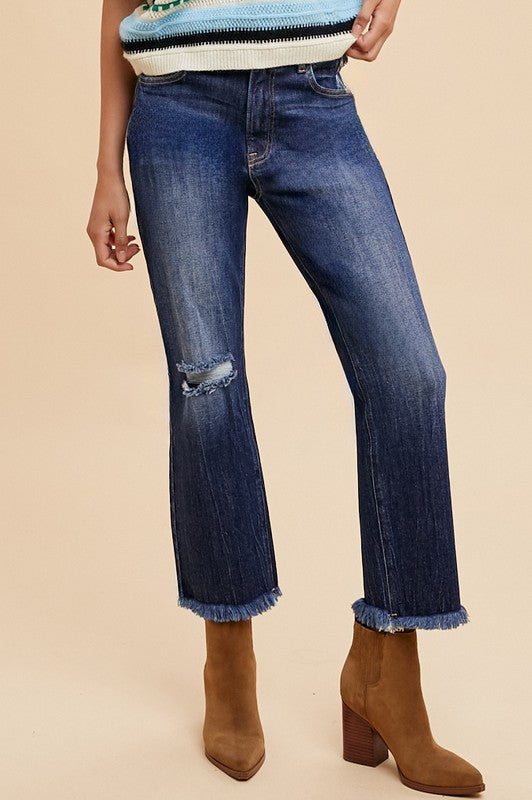 Distressed Raw Hem Straight Leg Cropped Jeans