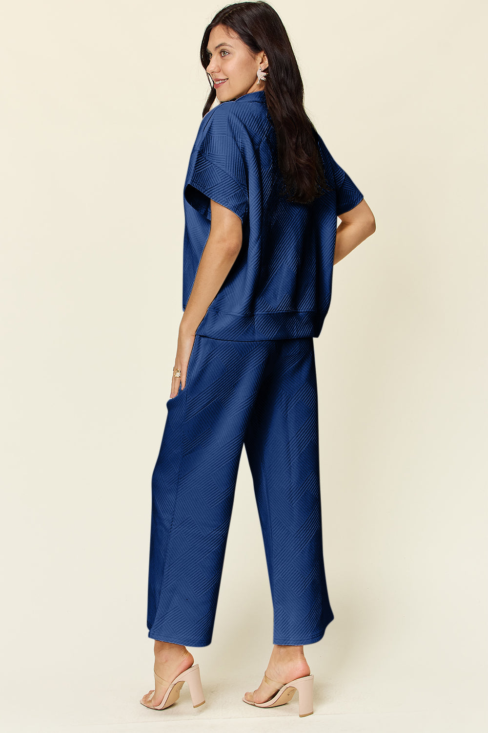 Texture Half Zip Short Sleeve Top and Pants Set