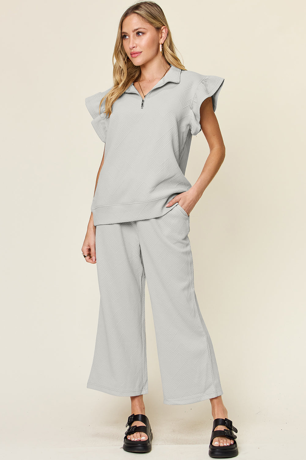 Ruffle Short Sleeve Top and Drawstring Wide Leg Pants Set