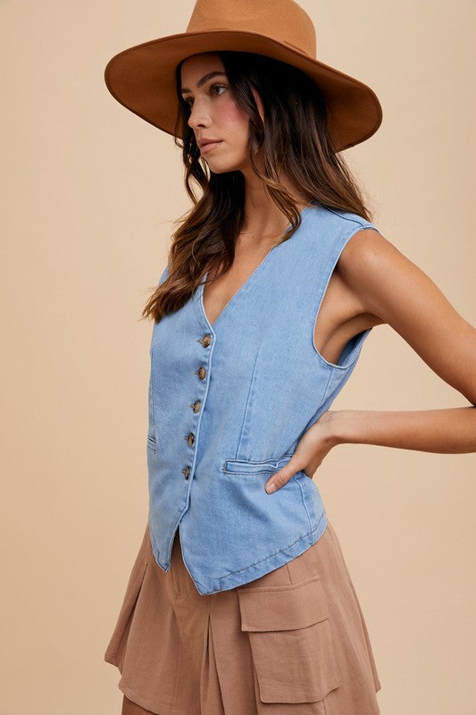 Button Down V-Neck Denim Vest