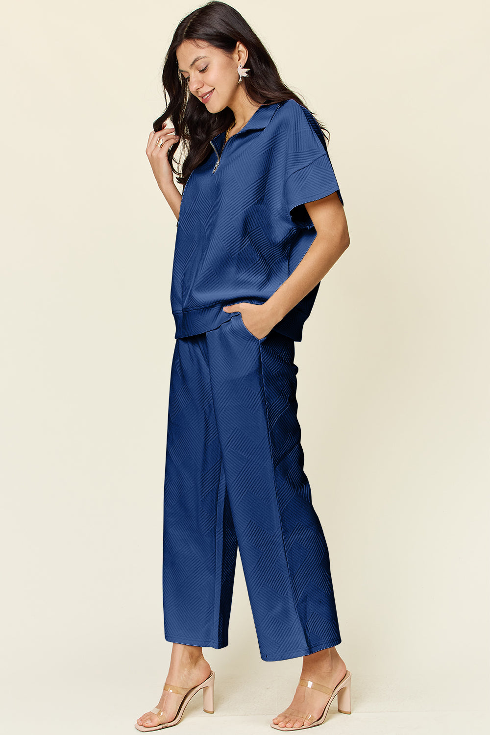 Texture Half Zip Short Sleeve Top and Pants Set