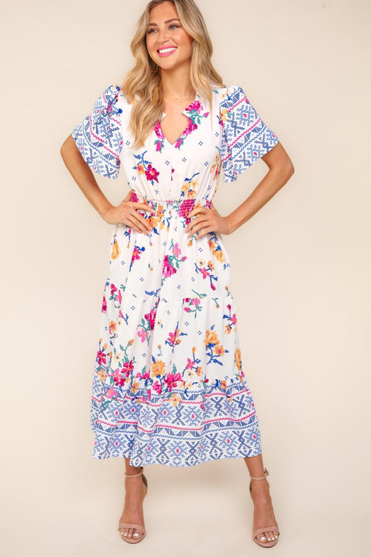 Printed Notched Short Sleeve Tiered Dress