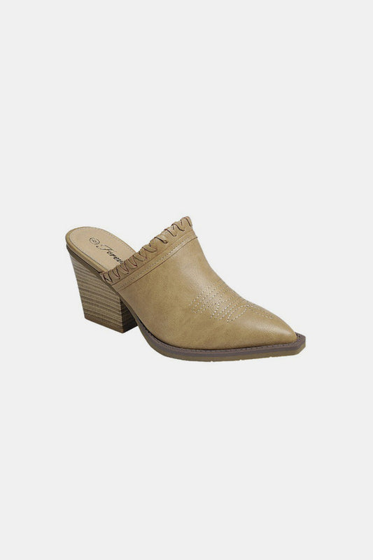 Pointy Toe Slip On Chunky Mules - Taupe