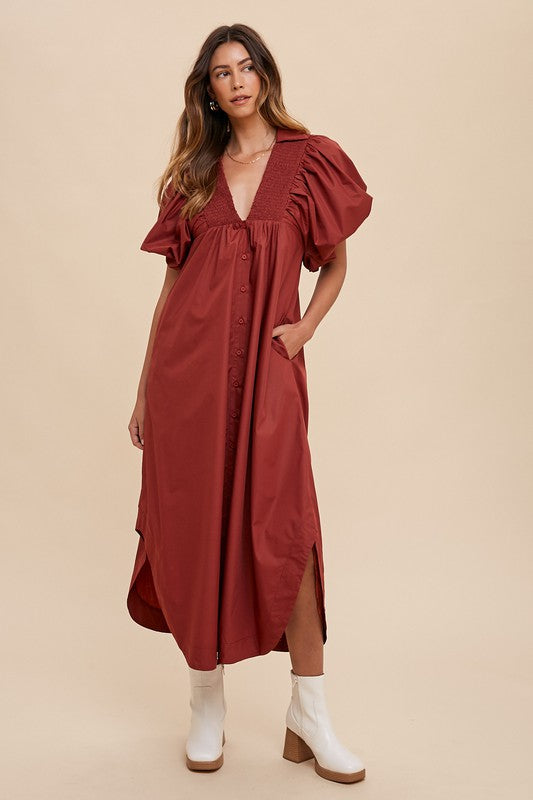 Smocked Puff Sleeve Midi Dress