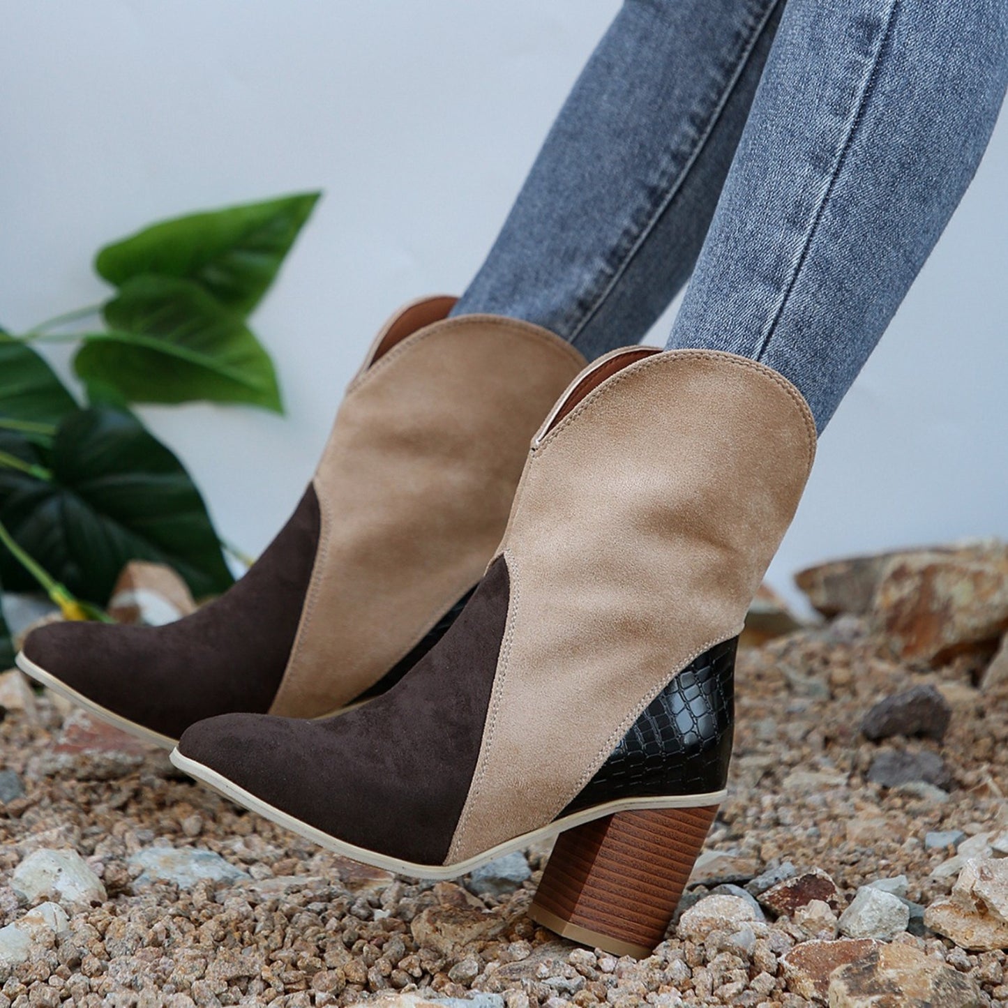 Suede Square Toe Block Heel Boots