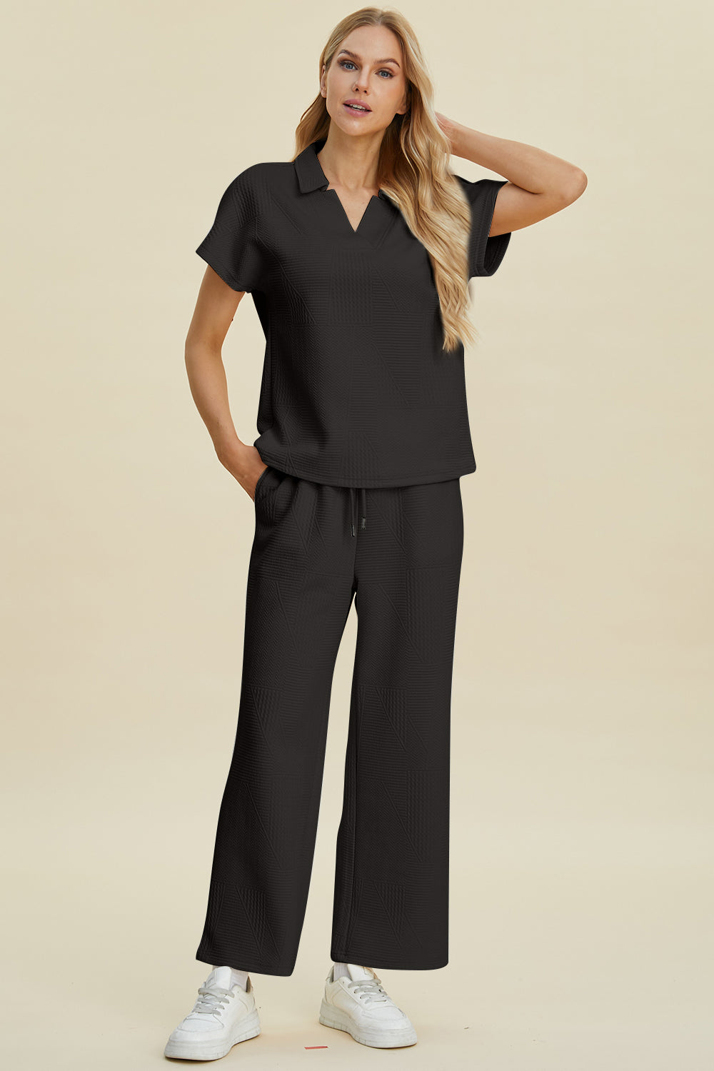 Collared Neck Short Sleeve Top and Pants Set