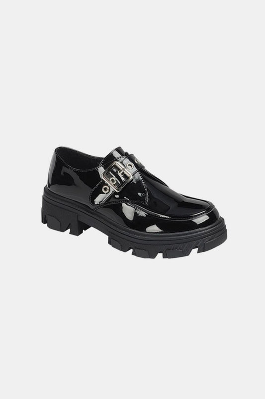 Buckled Platform Lug Sole Loafers - Black