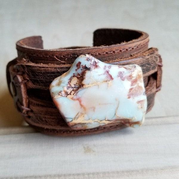 Aqua Terra Slab on Dusty Leather Cuff Bracelet - Wildflower Hippies