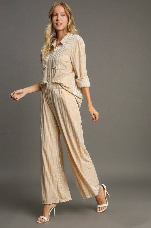 Elastic Waist Striped Wide Leg Velvet Pants