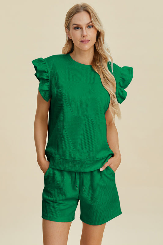 Texture Round Neck Ruffle Sleeve Top and Shorts Set