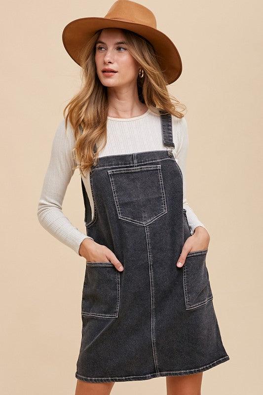 Wide Strap Denim Overall Dress with Pockets