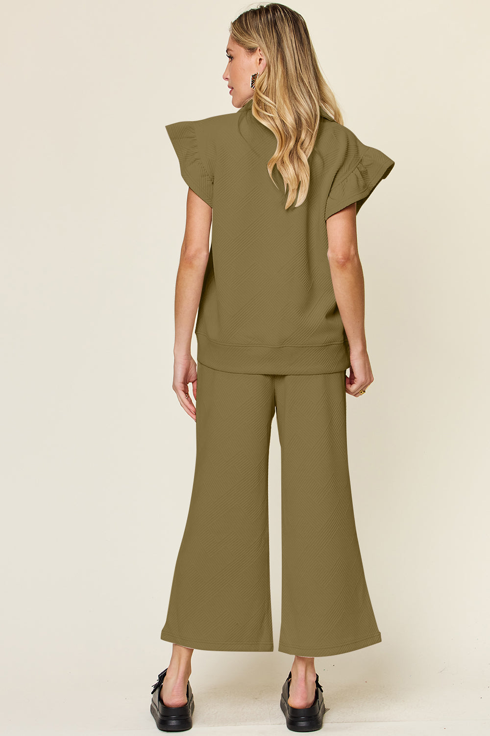 Ruffle Short Sleeve Top and Drawstring Wide Leg Pants Set