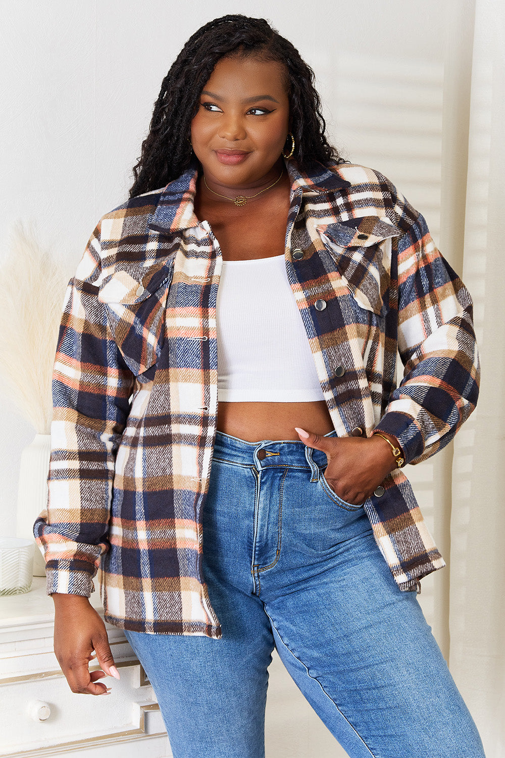 Plaid Button Front Shirt Jacket with Breast Pockets