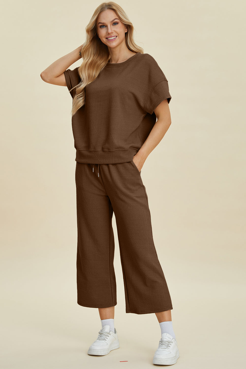 Texture Round Neck Top and Pants Set