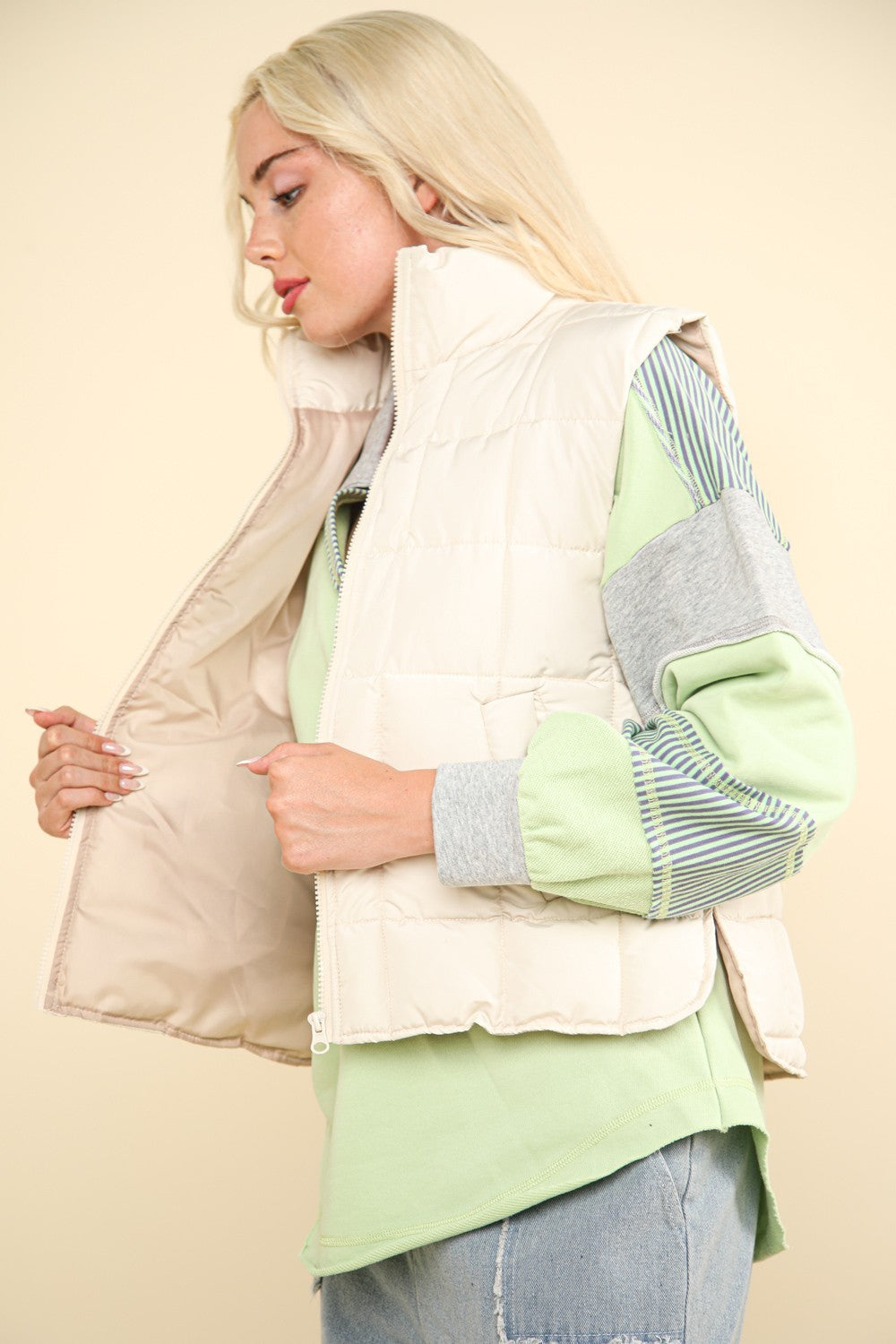 Zip Up Puffer Padded Warm Vest - Ivory